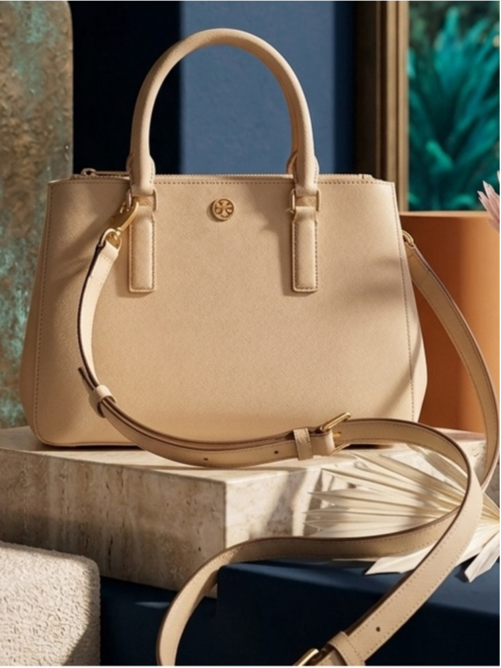 Tory Burch Light Beige Saffiano Satchel with Detachable Strap